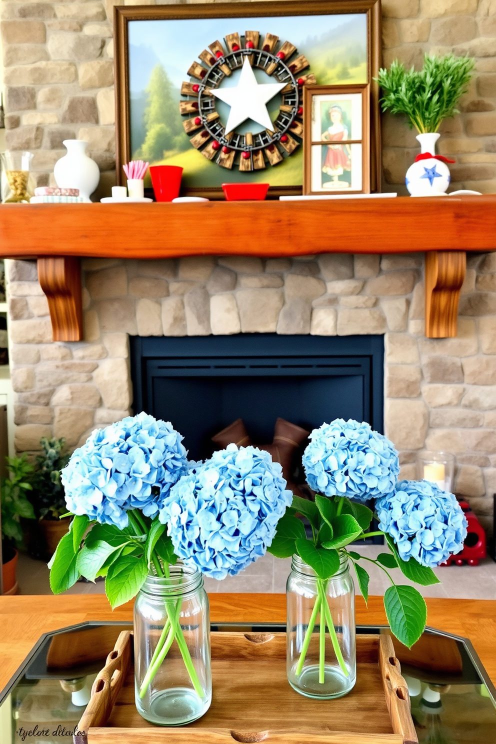 A cozy living room adorned for Independence Day features a rustic fireplace with a wooden mantel. Blue hydrangeas in mason jars are artfully arranged on the mantel, complemented by red and white decorative accents.