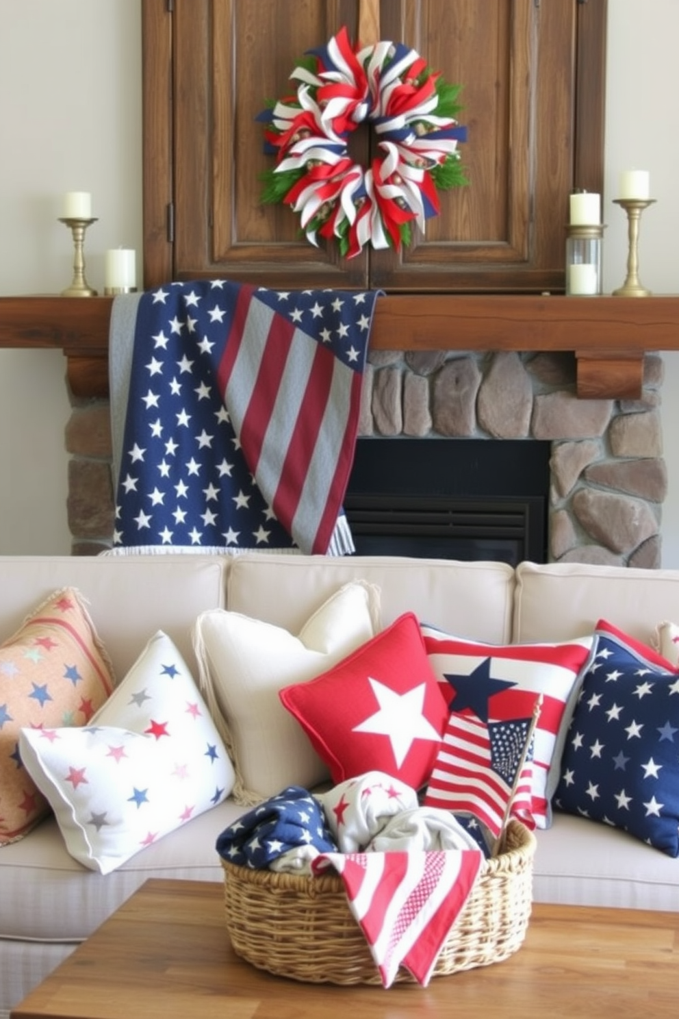 Create a cozy living room setting featuring a fireplace adorned with a stars and stripes themed throw blanket draped over a rustic wooden mantel. Flanking the fireplace, place decorative elements such as candles in red, white, and blue holders, and a festive wreath made of patriotic ribbons. On the sofa, arrange an assortment of throw pillows in various sizes showcasing stars and stripes patterns in vibrant colors. Complement the look with a woven basket filled with blankets and a small American flag placed artfully on the side table.