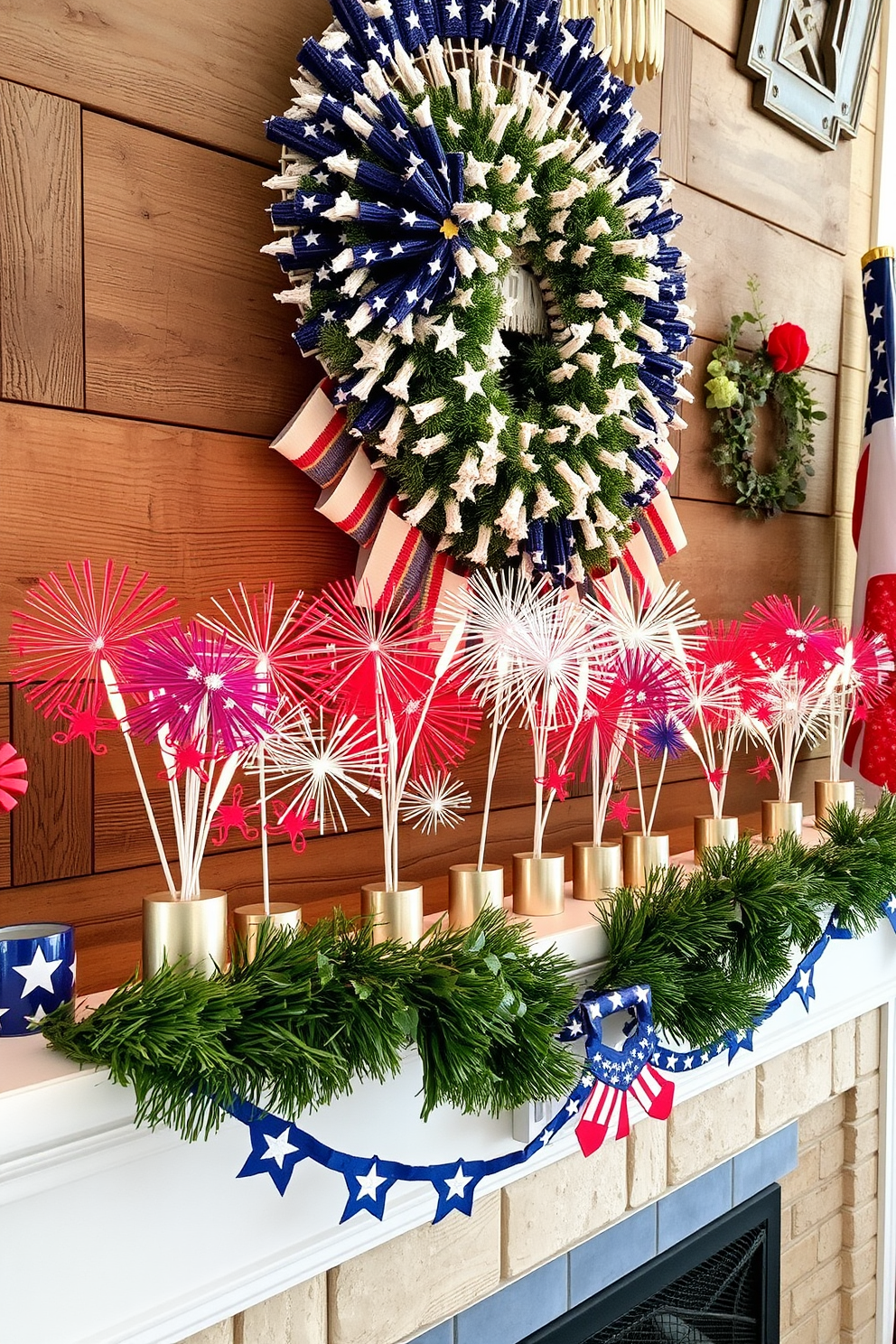 A festive mantel adorned with a collection of miniature fireworks displays in vibrant colors. The backdrop features a rustic fireplace decorated with red white and blue accents to celebrate Independence Day.