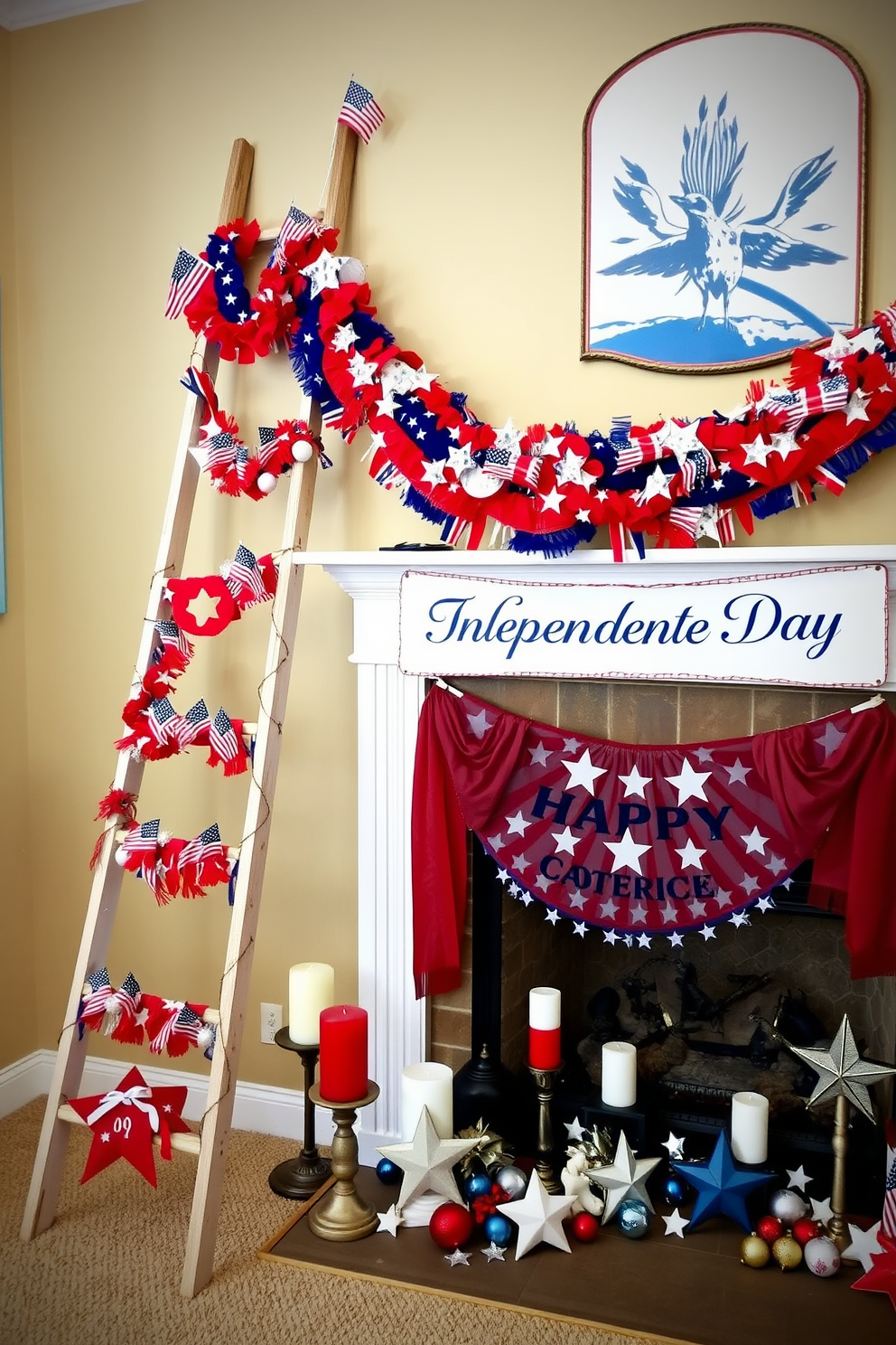 A decorative ladder leans against the wall adorned with festive Independence Day decorations. Red white and blue garlands drape from the rungs while small American flags are strategically placed throughout the display. The fireplace is elegantly decorated with a patriotic theme featuring a large banner that reads Happy Independence Day. Surrounding the hearth are candles in red and white hues along with a collection of star-shaped ornaments.