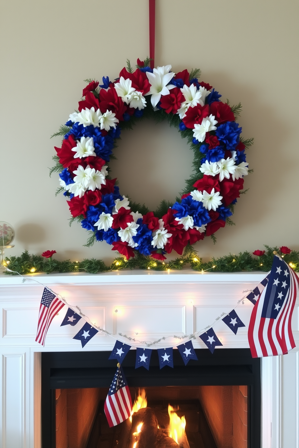 A vibrant wreath made of red white and blue flowers hangs above a cozy fireplace, celebrating Independence Day. The fireplace is adorned with festive decorations, including miniature flags and sparkling lights, creating a warm and inviting atmosphere.