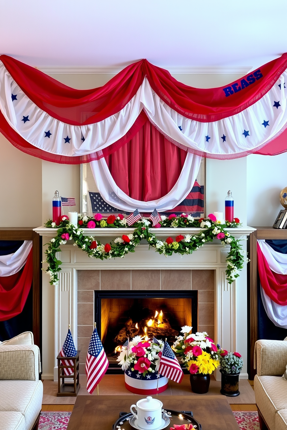 Layered fabric banners in red white and blue hang gracefully across the room creating a festive atmosphere for Independence Day. The banners feature stars and stripes designs adding a patriotic touch to the space. A cozy fireplace is adorned with decorative elements such as small American flags and seasonal flowers in vibrant colors. Soft lighting from the fireplace casts a warm glow enhancing the celebratory mood of the gathering.