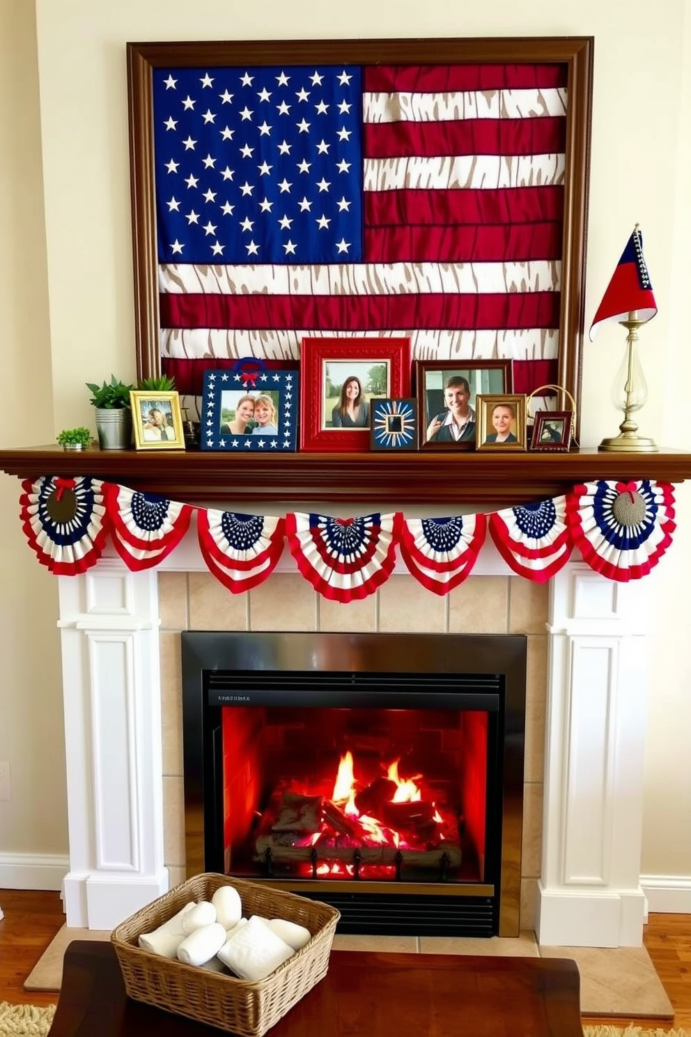 Create a cozy living room setting featuring a fireplace adorned with American flag themed picture frames. The frames display family photos and patriotic artwork, enhancing the festive atmosphere of Independence Day celebrations.