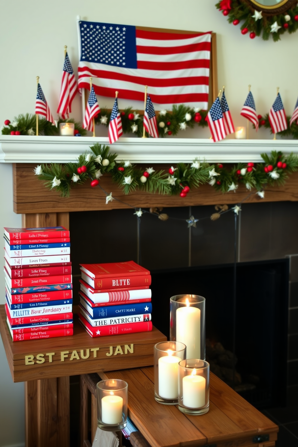 Patriotic themed books are stacked decoratively on a rustic wooden shelf. The vibrant red, white, and blue covers create a festive atmosphere for Independence Day celebrations. Above the shelf, a charming fireplace is adorned with small American flags and seasonal garlands. Flickering candles in glass holders add warmth and a cozy touch to the patriotic decor.