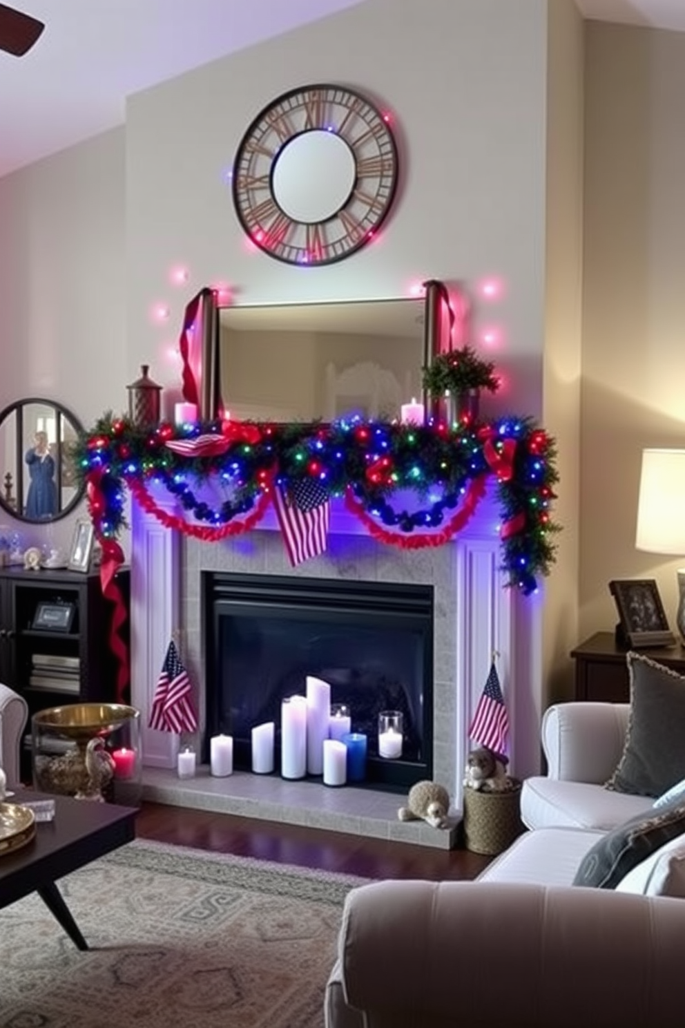 A cozy living room adorned with red blue and white fairy lights to celebrate Independence Day. The fireplace is decorated with a garland of patriotic colors, complemented by small American flags and candles in red and blue hues.