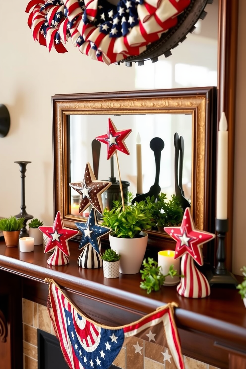 A cozy fireplace adorned with ceramic stars and stripes figurines celebrating Independence Day. The figurines are placed on the mantel alongside small potted plants and candles, creating a festive and inviting atmosphere.