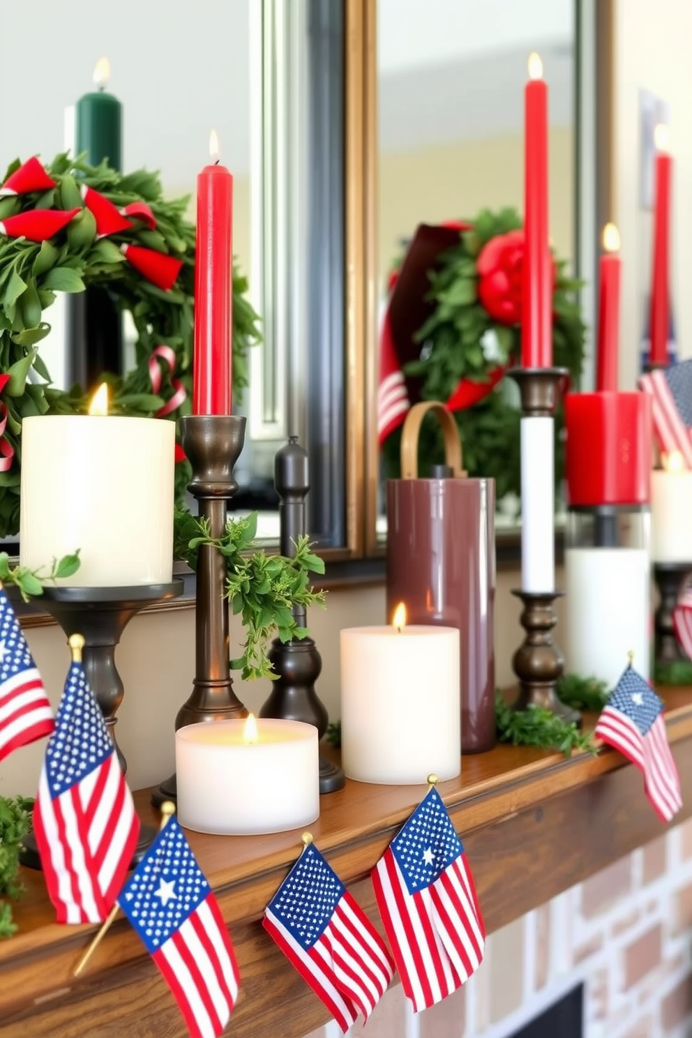 Create a festive fireplace setting adorned with red white and blue candle arrangements for Independence Day. The candles vary in height and are placed on a rustic wooden mantel, surrounded by small American flags and seasonal greenery.