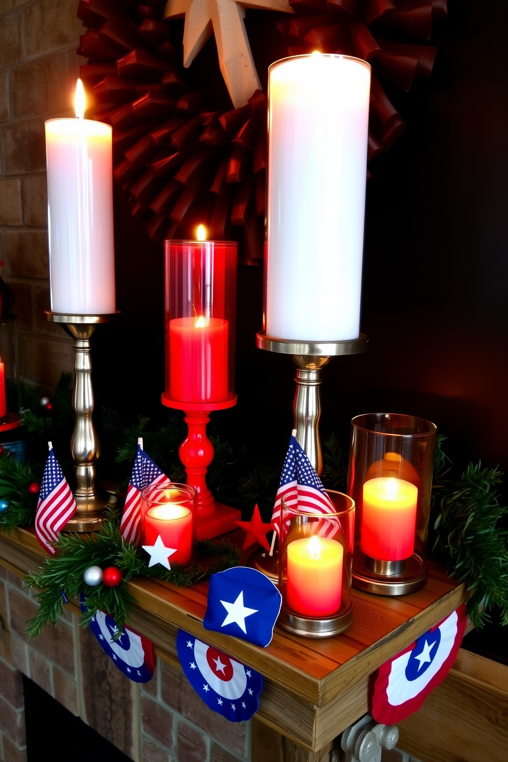 Candle holders in vibrant red white and blue hues are elegantly arranged on a rustic wooden mantel. The warm glow of the candles illuminates a festive display featuring small American flags and seasonal decorations. The fireplace is adorned with a garland of greenery interspersed with stars and stripes accents. This patriotic setup creates a cozy and inviting atmosphere perfect for celebrating Independence Day.