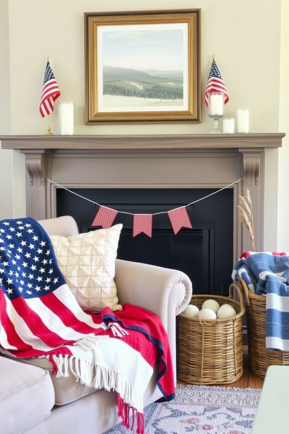 A cozy living room setting featuring a classic fireplace adorned with patriotic decorations for Independence Day. Seasonal throw blankets in red white and blue are draped casually over a plush sofa adding warmth and festive charm. The fireplace is framed by rustic wooden mantels decorated with small American flags and candles. A woven basket beside the fireplace holds additional throw blankets for a welcoming touch.