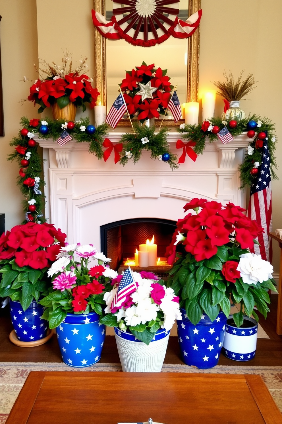 A cozy living room setting adorned with potted flowers in patriotic colors of red white and blue. The vibrant blooms are placed strategically around a charming fireplace that is elegantly decorated with festive garlands and candles. The fireplace mantel is adorned with small American flags and seasonal decor that celebrates Independence Day. A warm glow from the fireplace enhances the inviting atmosphere making it the perfect gathering spot for holiday celebrations.