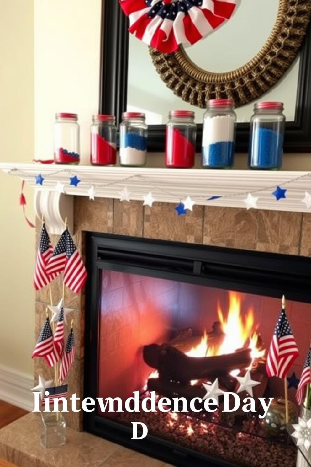 A festive fireplace setting for Independence Day. The mantel is adorned with glass jars filled with colored sand in red, white, and blue hues, creating a vibrant display. Surrounding the fireplace are small American flags and star-shaped decorations. The warm glow of the fire adds a cozy ambiance to the patriotic decor.