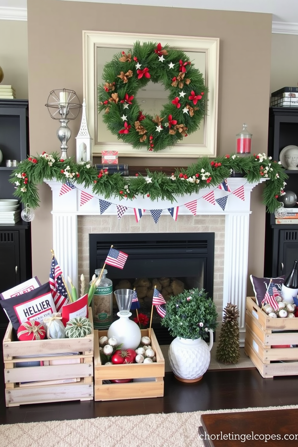 A cozy living room setting featuring wooden crates filled with seasonal decorations for Independence Day. The fireplace is adorned with red white and blue accents including small flags and festive garlands.