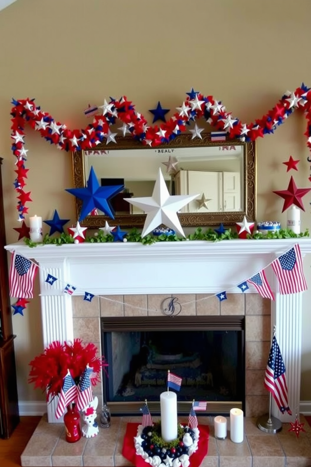 A festive fireplace adorned with hanging star garlands creates a patriotic atmosphere for Independence Day celebrations. The mantel is draped with red white and blue decorations including small flags and candles to enhance the festive spirit.