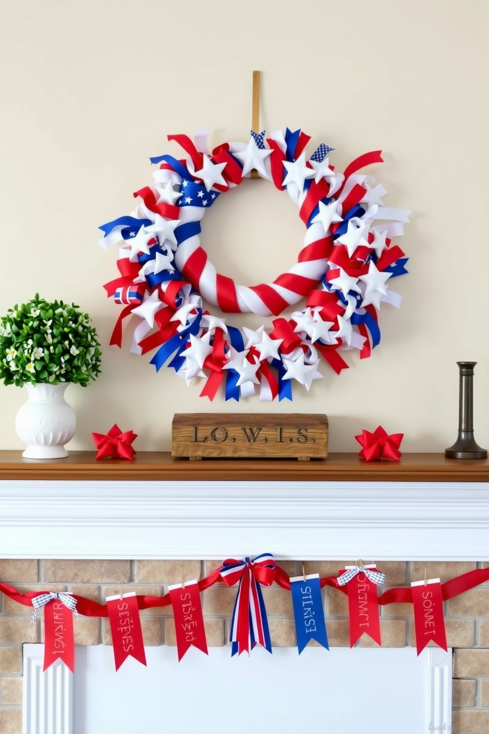 A charming fireplace mantle adorned with vibrant red white and blue ribbons creating a festive atmosphere. Above the mantle a patriotic wreath made of stars and stripes complements the overall Independence Day theme.