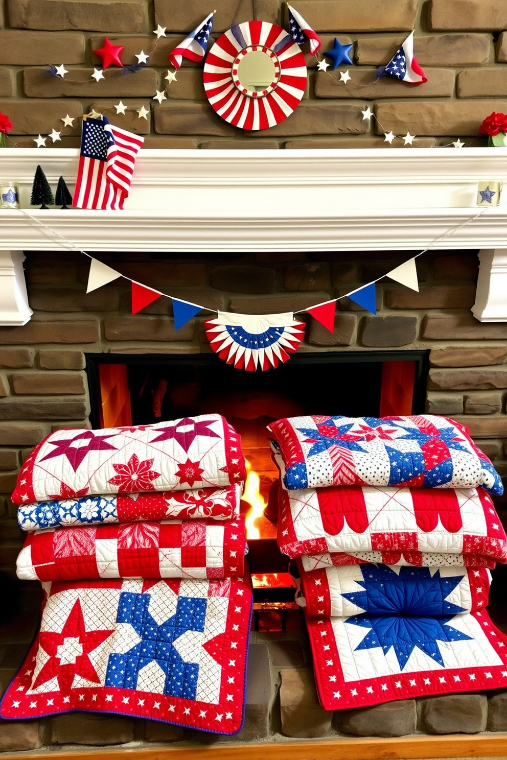 A cozy fireplace setting adorned for Independence Day. Colorful quilts are neatly folded on the hearth, showcasing red, white, and blue patterns that celebrate the holiday spirit. Above the fireplace, patriotic decorations like small flags and stars are artfully arranged. The warm glow of the fire enhances the festive atmosphere, creating a welcoming space for gatherings.