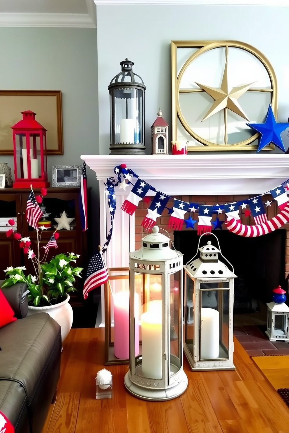 A cozy living room adorned with vintage lanterns featuring red white and blue accents for Independence Day. The fireplace is decorated with garlands of stars and stripes alongside the lanterns creating a festive atmosphere.