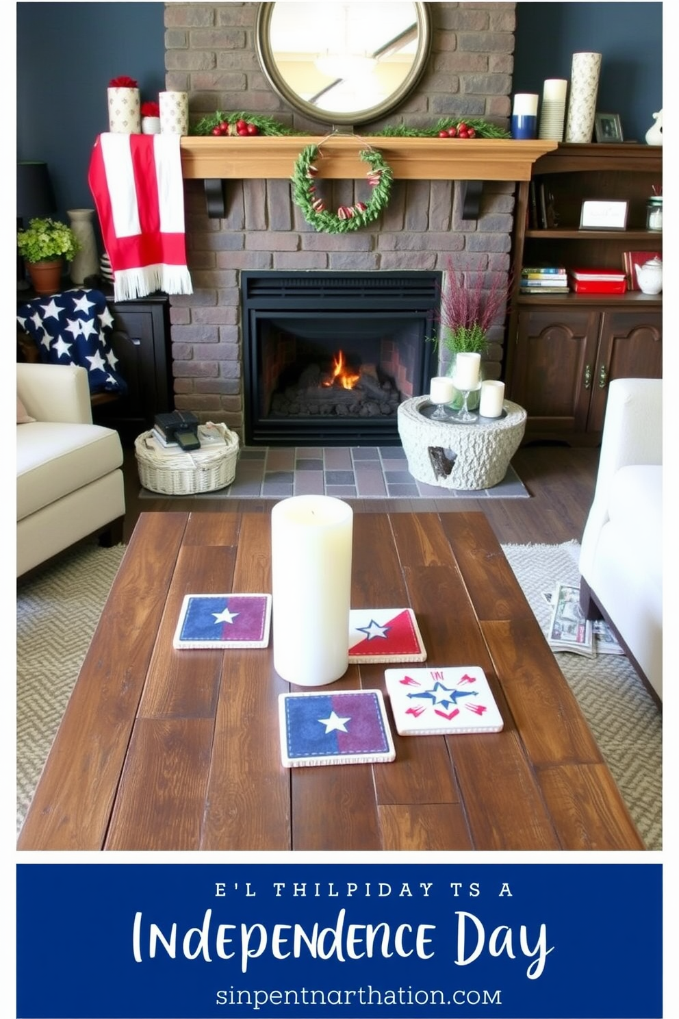 Create a cozy living room setting featuring a fireplace adorned with red white and blue themed coasters for Independence Day. The coasters are placed on a rustic wooden coffee table surrounded by comfortable seating and festive decorations. Incorporate a patriotic color scheme with accents of red white and blue throughout the room. Add decorative elements like a flag-themed throw blanket and seasonal candles to enhance the festive atmosphere.