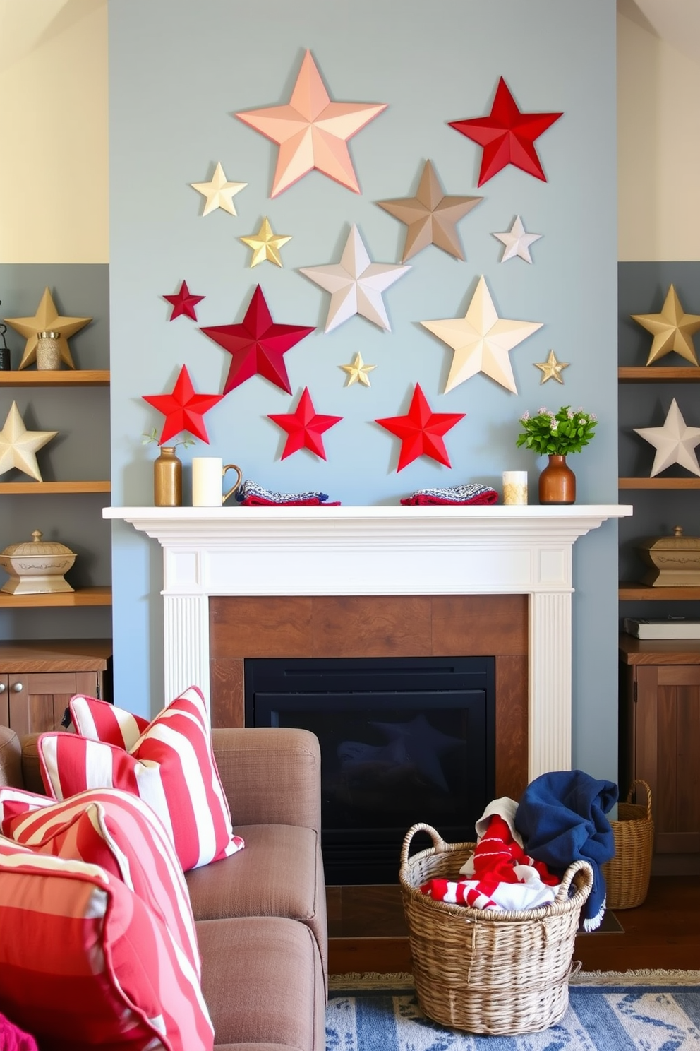 Create a cozy living room setting adorned with star shaped wall art decorations that celebrate Independence Day. The walls are painted in a soft blue hue, and the star decorations are arranged in a playful pattern above a rustic wooden fireplace. In front of the fireplace, place a comfortable seating arrangement with red and white striped cushions. Add a festive touch with a woven basket filled with red, white, and blue throw blankets nearby.