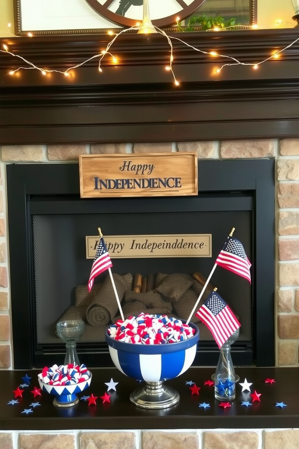 Create a festive living room setting for Independence Day. The fireplace is adorned with decorative bowls filled with red white and blue candy, surrounded by small American flags and stars. The mantel features a rustic wooden sign that reads Happy Independence Day. Twinkling string lights are draped above the fireplace, casting a warm glow over the patriotic decor.