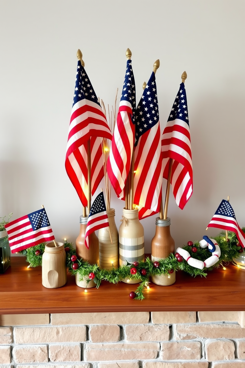 Vintage American flags are artfully arranged in a collection of rustic vases, showcasing their vibrant colors and textures. The vases are placed on a wooden mantel, creating a warm and inviting atmosphere for Independence Day celebrations. The fireplace is adorned with festive decorations, including red, white, and blue garlands that drape elegantly across the mantel. A few twinkling fairy lights are interspersed among the decor, adding a cozy glow to the festive setting.