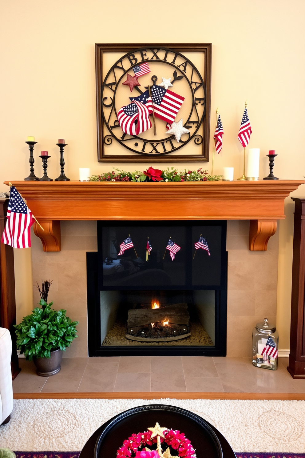 A cozy living room setting featuring a fireplace adorned with a decorative screen showcasing patriotic motifs for Independence Day. The fireplace is surrounded by a warm wooden mantel, decorated with red, white, and blue accents including candles and small flags.