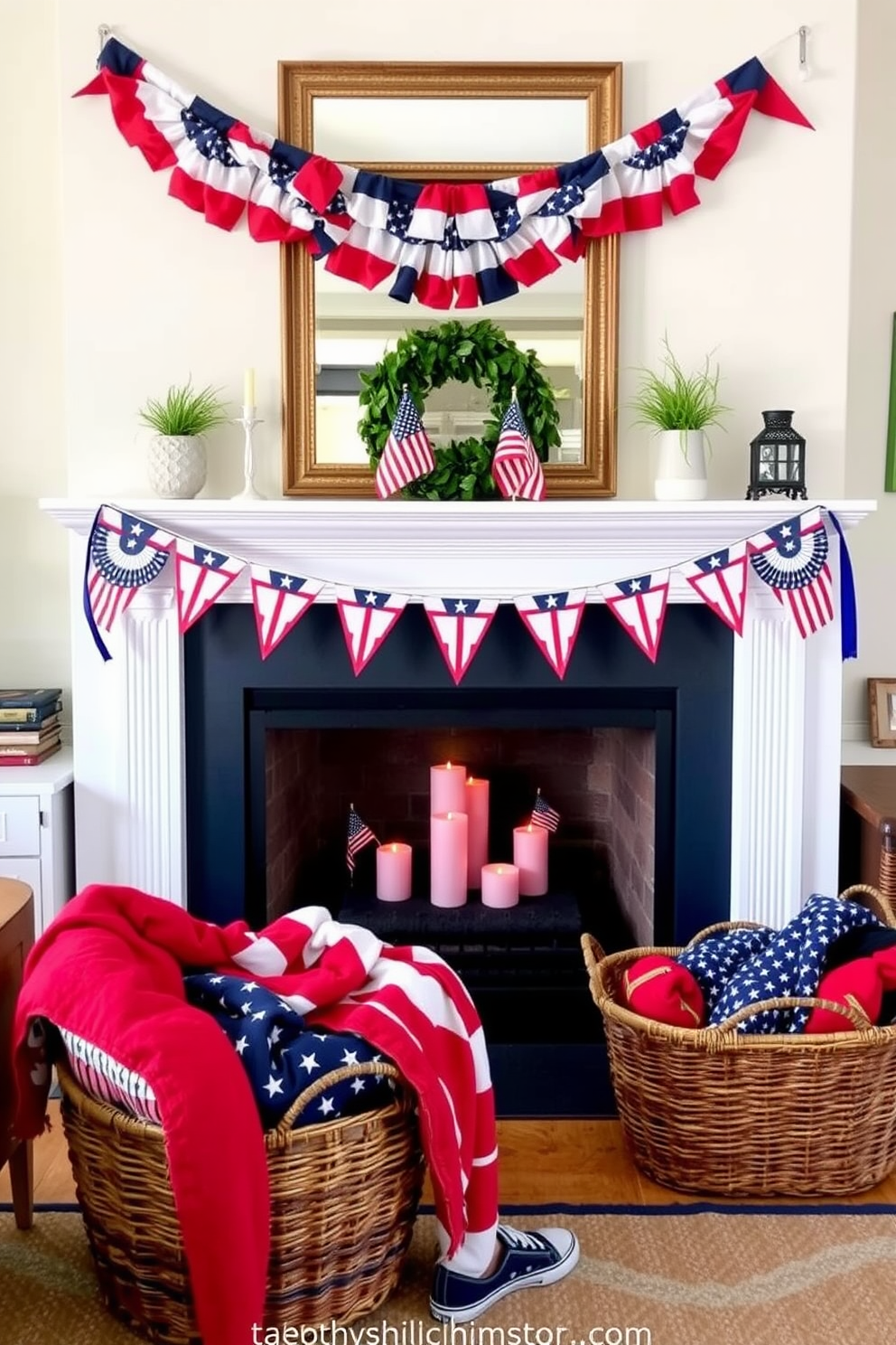 A cozy living room adorned for Independence Day. Festive bunting in red white and blue hangs gracefully along the mantel above the fireplace creating a cheerful atmosphere. The fireplace is decorated with small American flags and a collection of patriotic-themed candles. A woven basket filled with red white and blue throws sits nearby inviting warmth and comfort.