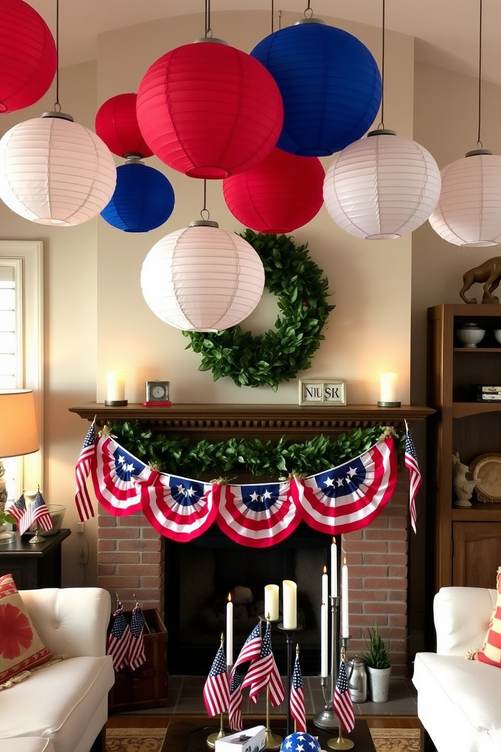 A cozy living room adorned with hanging paper lanterns in red, white, and blue for Independence Day celebrations. The fireplace is decorated with a garland of stars and stripes, complemented by festive candles and a collection of small American flags.