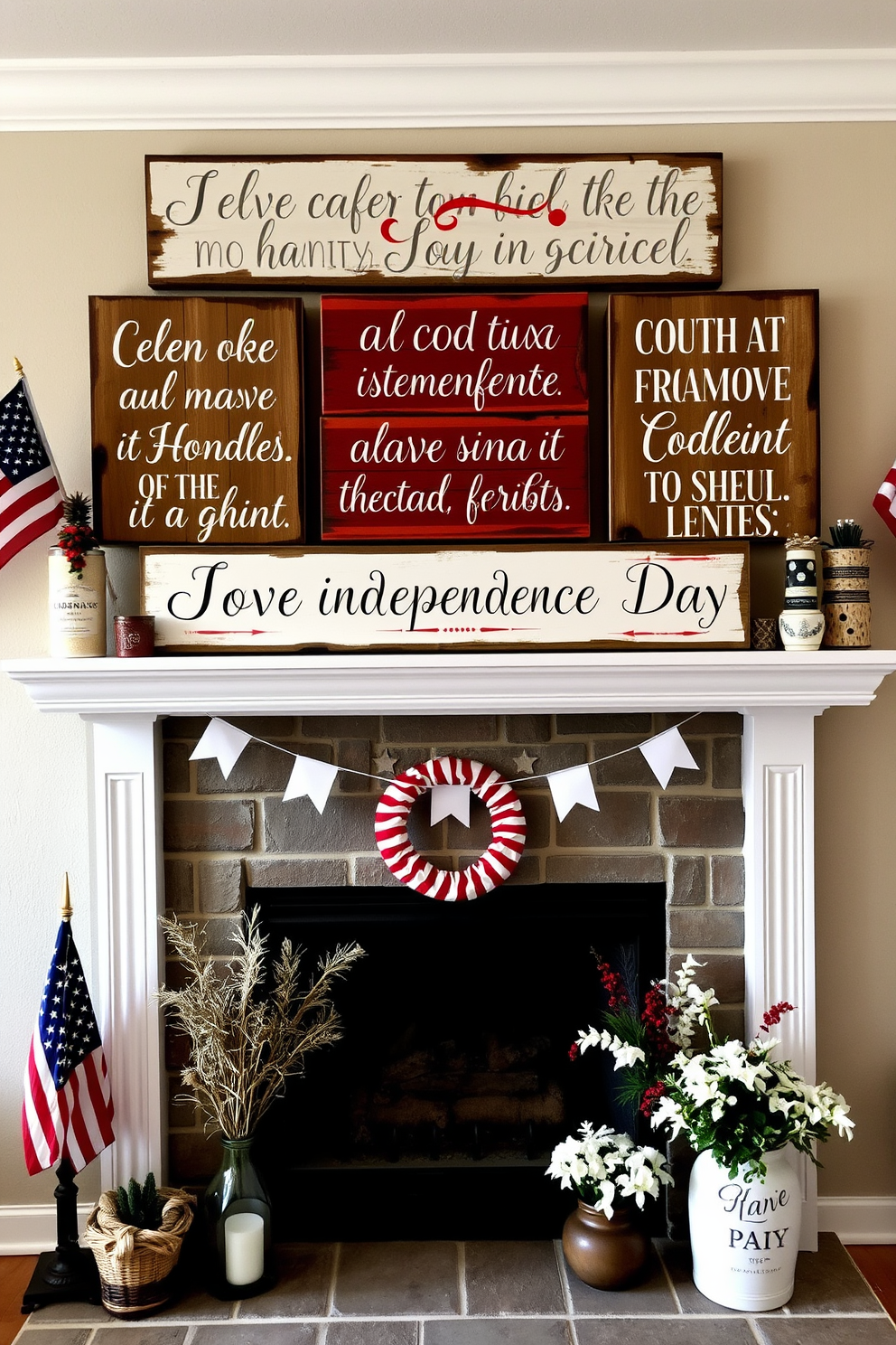 Rustic wood signs adorned with patriotic quotes celebrate the spirit of Independence Day. The signs are artfully arranged above a cozy fireplace, surrounded by seasonal decorations like red, white, and blue accents.