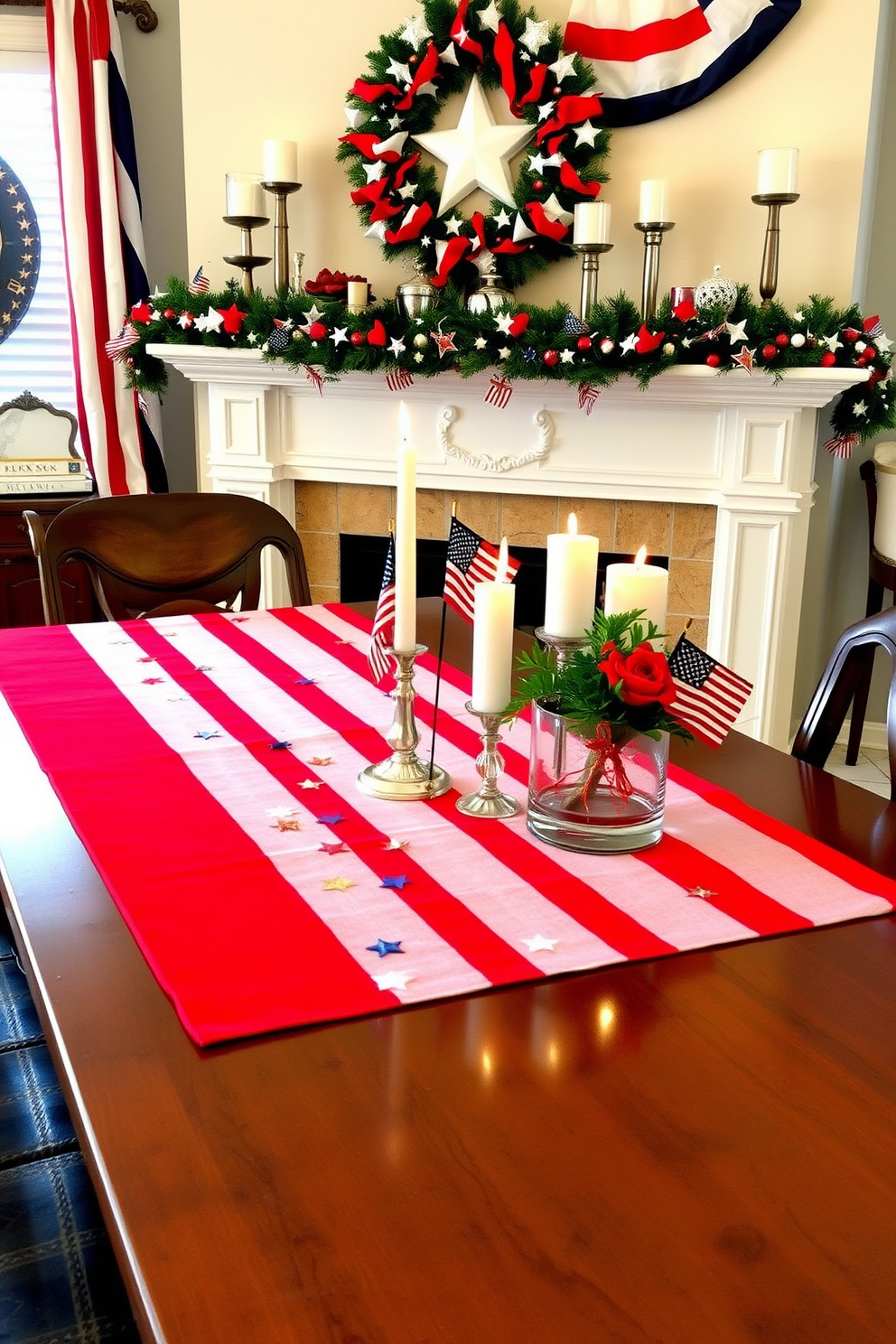 A festive dining table setting features a vibrant red and white striped table runner that stretches across the table. The runner is adorned with small decorative stars and flags to celebrate Independence Day. The fireplace is elegantly decorated with a combination of red, white, and blue accents. Patriotic garlands and candles in glass holders create a warm and inviting atmosphere for the holiday.