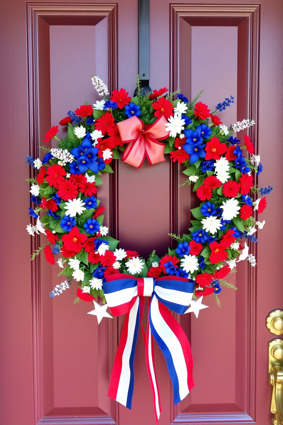 A patriotic wreath adorned with vibrant red white and blue flowers hangs on a classic front door. The wreath is complemented by a festive bow and decorative stars, creating a welcoming atmosphere for Independence Day celebrations.