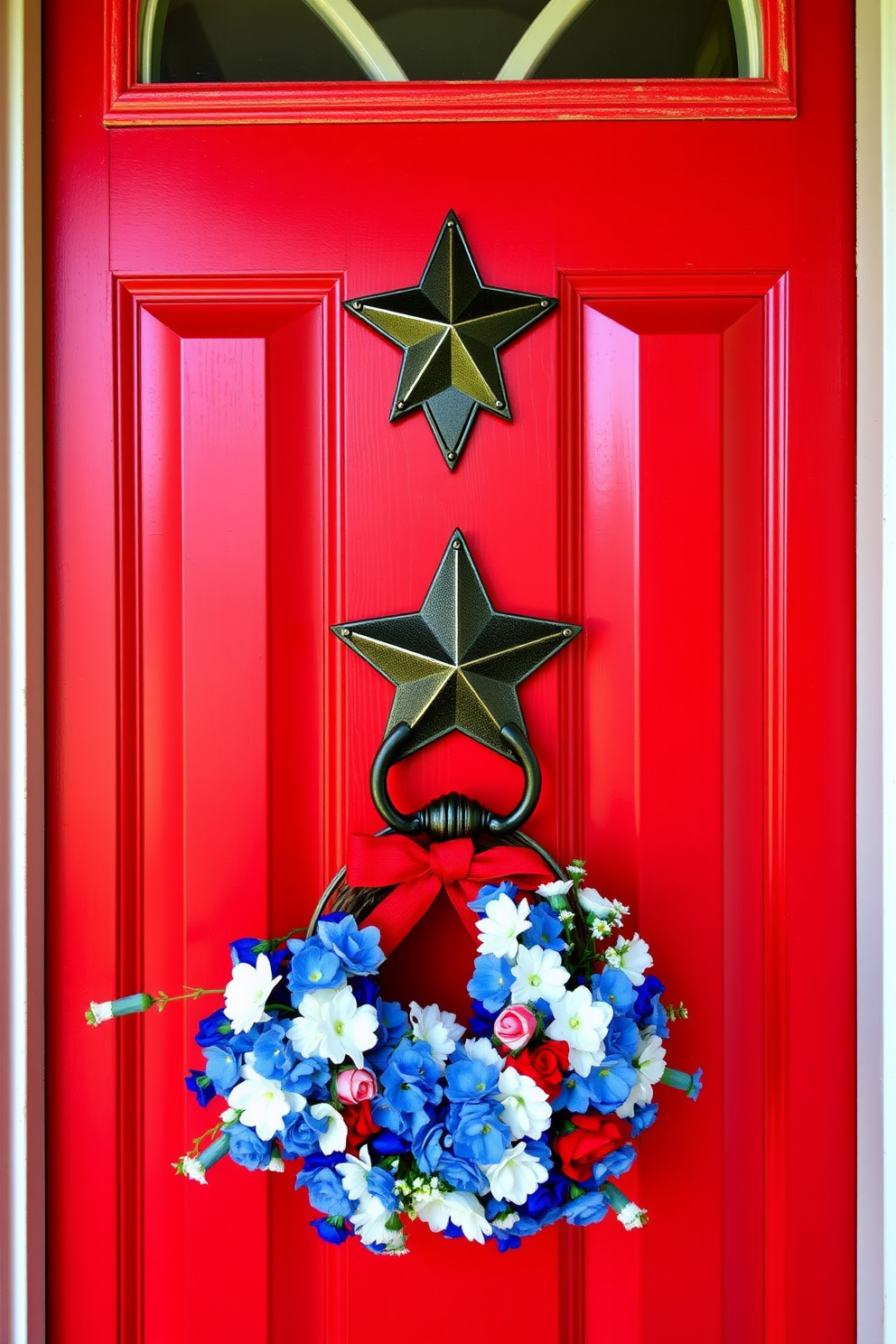 A charming front door adorned with a star shaped door knocker that captures the essence of Independence Day. The door is painted in a vibrant red hue, complemented by a wreath made of blue and white flowers, celebrating the patriotic theme.