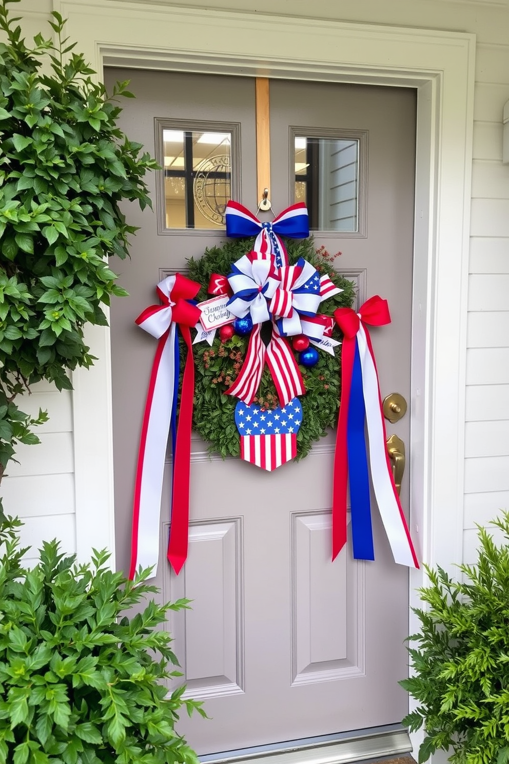 A charming front door adorned with festive ribbon bows in red white and blue. The door is framed by lush greenery and a welcoming wreath celebrating Independence Day.