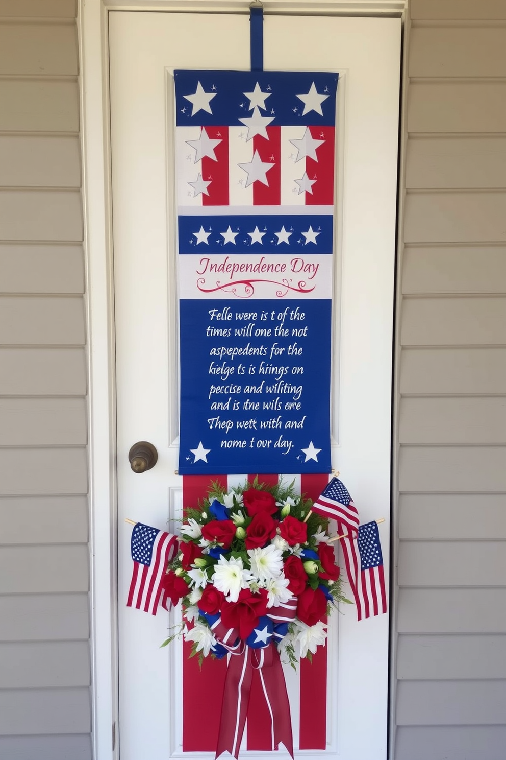 A vibrant Independence Day themed door banner featuring bold red white and blue colors. The banner showcases stars and stripes with an inspirational quote celebrating freedom and unity. For Independence Day front door decorating ideas consider using a wreath made of red white and blue flowers. Add festive ribbons and small American flags to create a welcoming patriotic atmosphere.