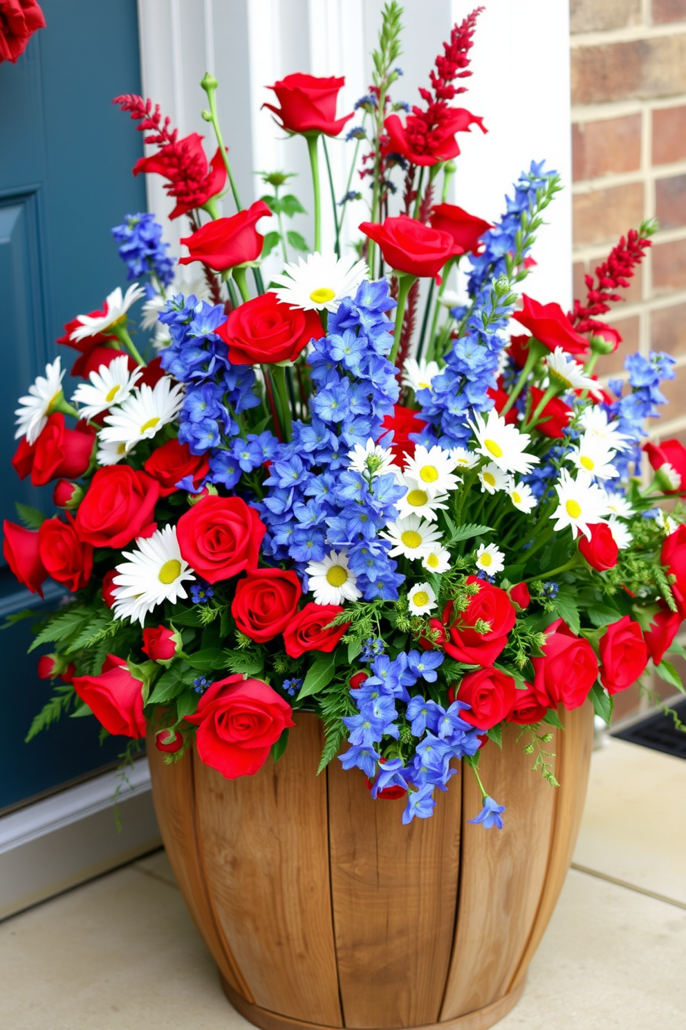 A vibrant seasonal floral arrangement featuring red white and blue blooms is artfully displayed in a large rustic wooden planter. The arrangement includes bright red roses white daisies and blue delphiniums creating a festive and patriotic look for the front door.