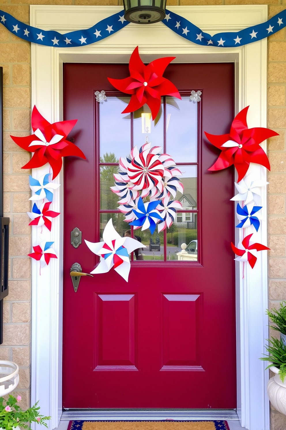 A festive front door adorned with vibrant patriotic pinwheel decorations. The pinwheels are in red white and blue colors creating a cheerful and welcoming atmosphere for Independence Day.