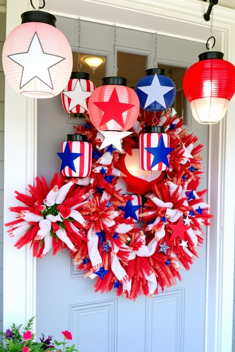 A festive front door adorned with hanging lanterns featuring stars and stripes in red, white, and blue. The lanterns are arranged in a staggered pattern, creating a vibrant and welcoming display for Independence Day celebrations.