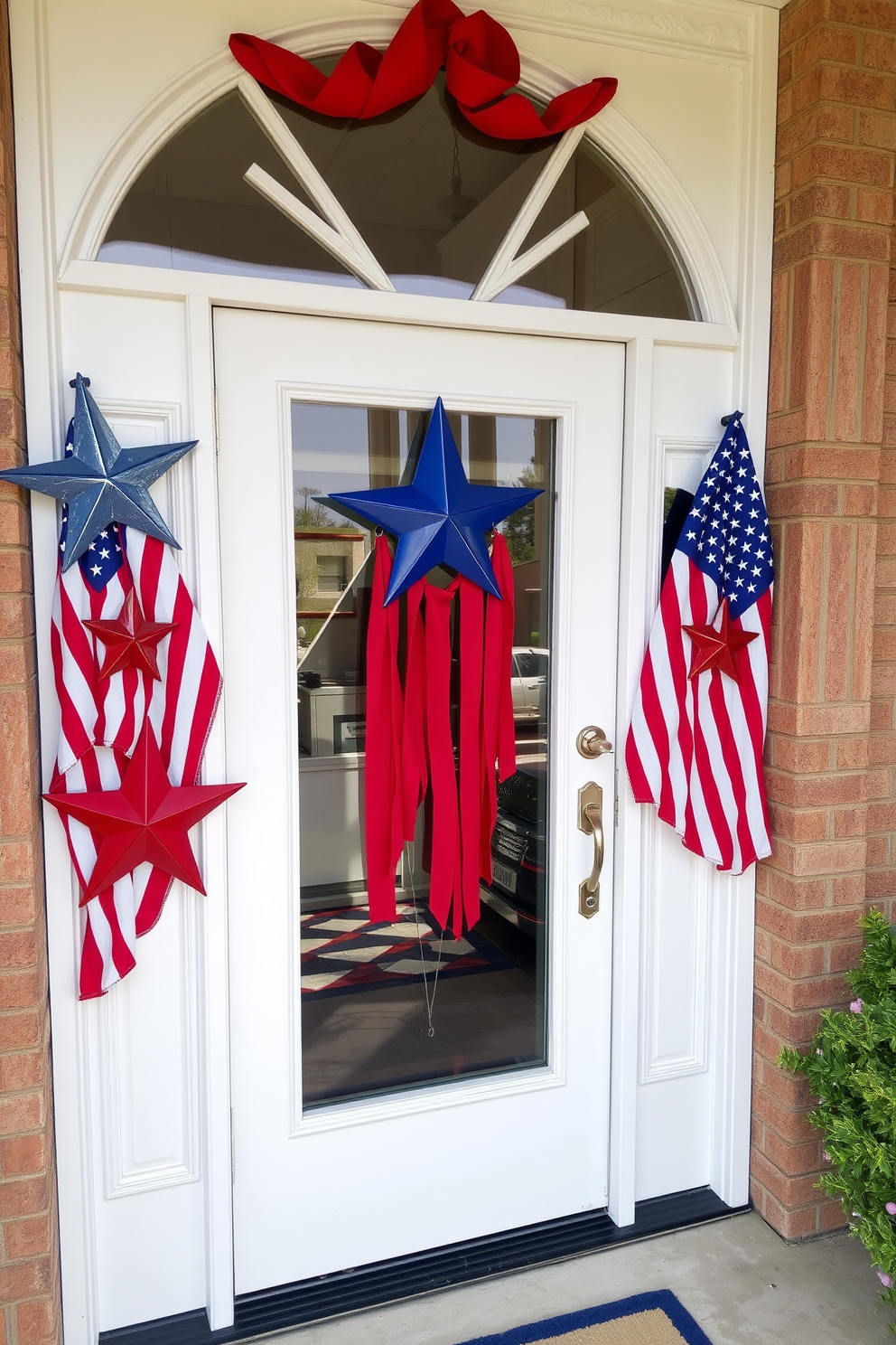 A front door adorned with metallic star and flag accents creates a festive atmosphere for Independence Day. The vibrant colors of red, white, and blue are complemented by the shimmering finish of the metal decorations, making the entrance inviting and celebratory.