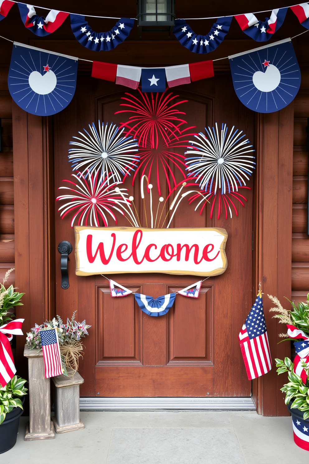 A festive welcome sign adorned with vibrant fireworks bursts in red, white, and blue. The sign is prominently displayed on a rustic wooden front door, surrounded by patriotic decorations like flags and banners.