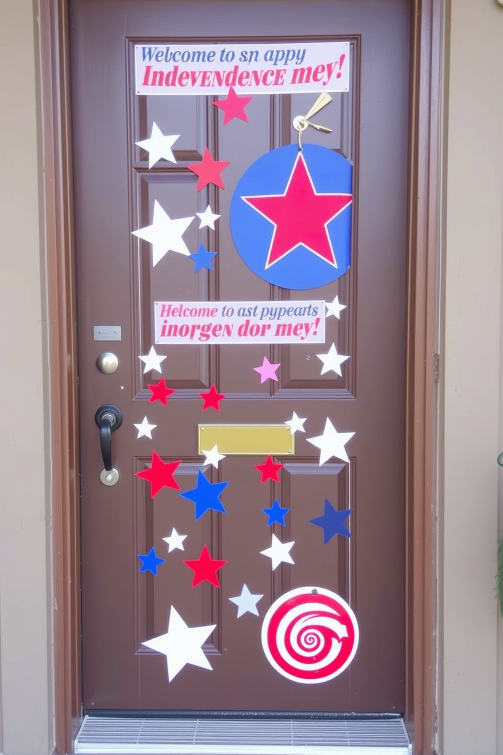 A festive front door adorned with red white and blue door stickers celebrating Independence Day. The vibrant stickers feature stars and stripes, creating a patriotic display that welcomes guests with a sense of holiday spirit.