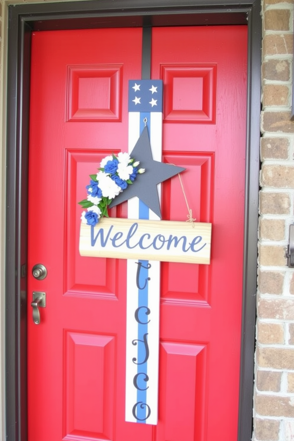 A festive front door setting adorned with a stars and stripes welcome sign. The door is painted a vibrant red, complemented by a wreath made of blue and white flowers, creating a cheerful atmosphere for Independence Day celebrations.