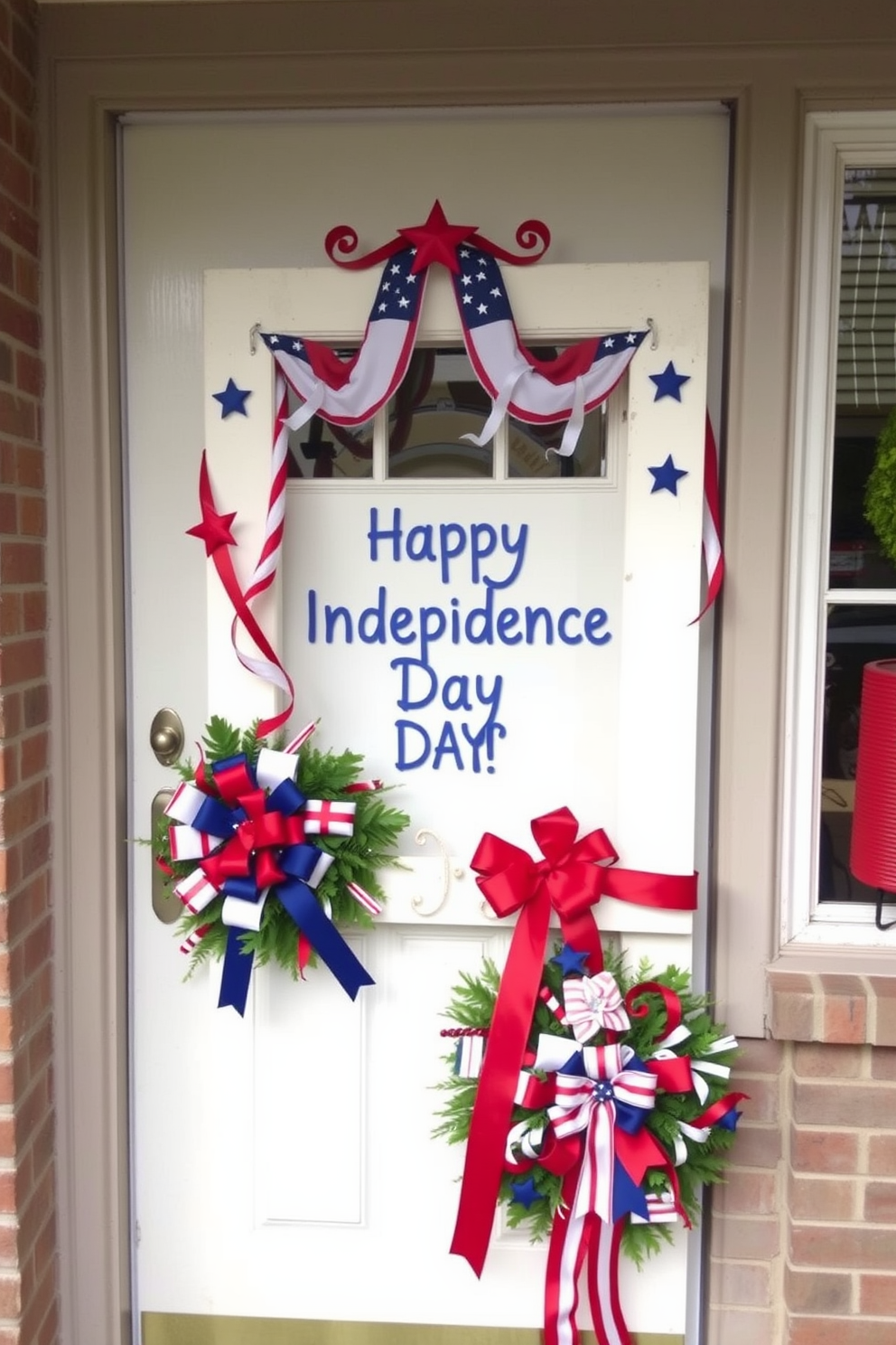 A decorative door frame adorned with red white and blue accents celebrates Independence Day. The frame features stars and stripes along with festive wreaths and ribbons that enhance the patriotic theme.