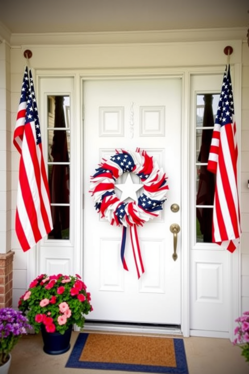 A patriotic themed door display featuring a vibrant red white and blue wreath adorned with stars and stripes. The front door is framed by hanging American flags and potted flowers in matching colors creating a festive atmosphere for Independence Day.