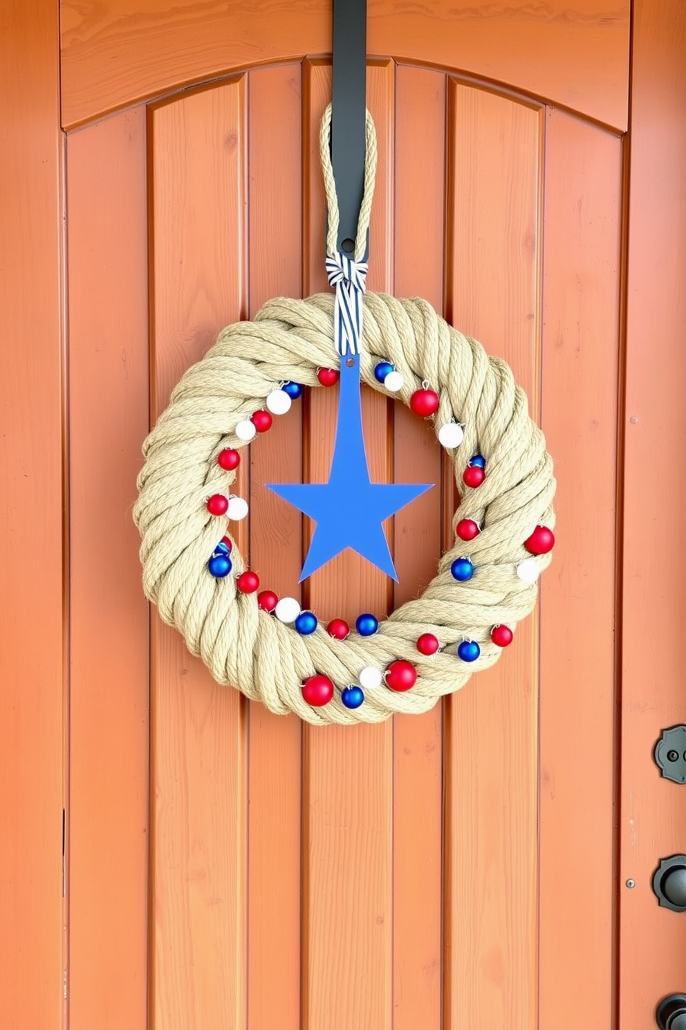 A vibrant front door adorned with a sisal rope wreath featuring red white and blue charms. The wreath is complemented by a rustic wooden door that has a welcoming feel perfect for Independence Day celebrations.