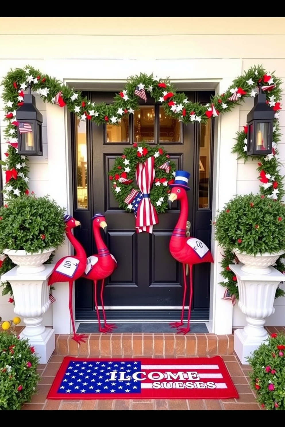 A vibrant front door adorned with lawn flamingos dressed in red white and blue attire celebrating Independence Day. The entrance is framed with festive garlands and a welcome mat featuring stars and stripes.