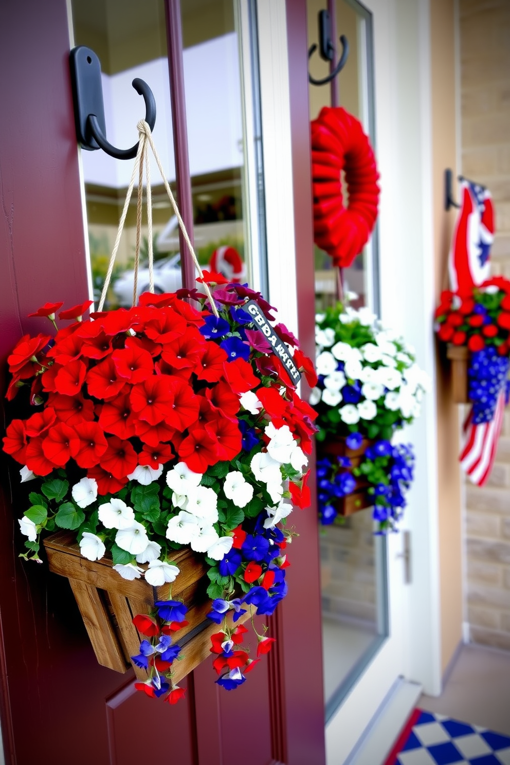 A festive front door adorned with hanging potted flowers in vibrant red white and blue shades. The arrangement includes a mix of petunias and geraniums cascading down from rustic wooden planters, creating a cheerful and patriotic welcome.