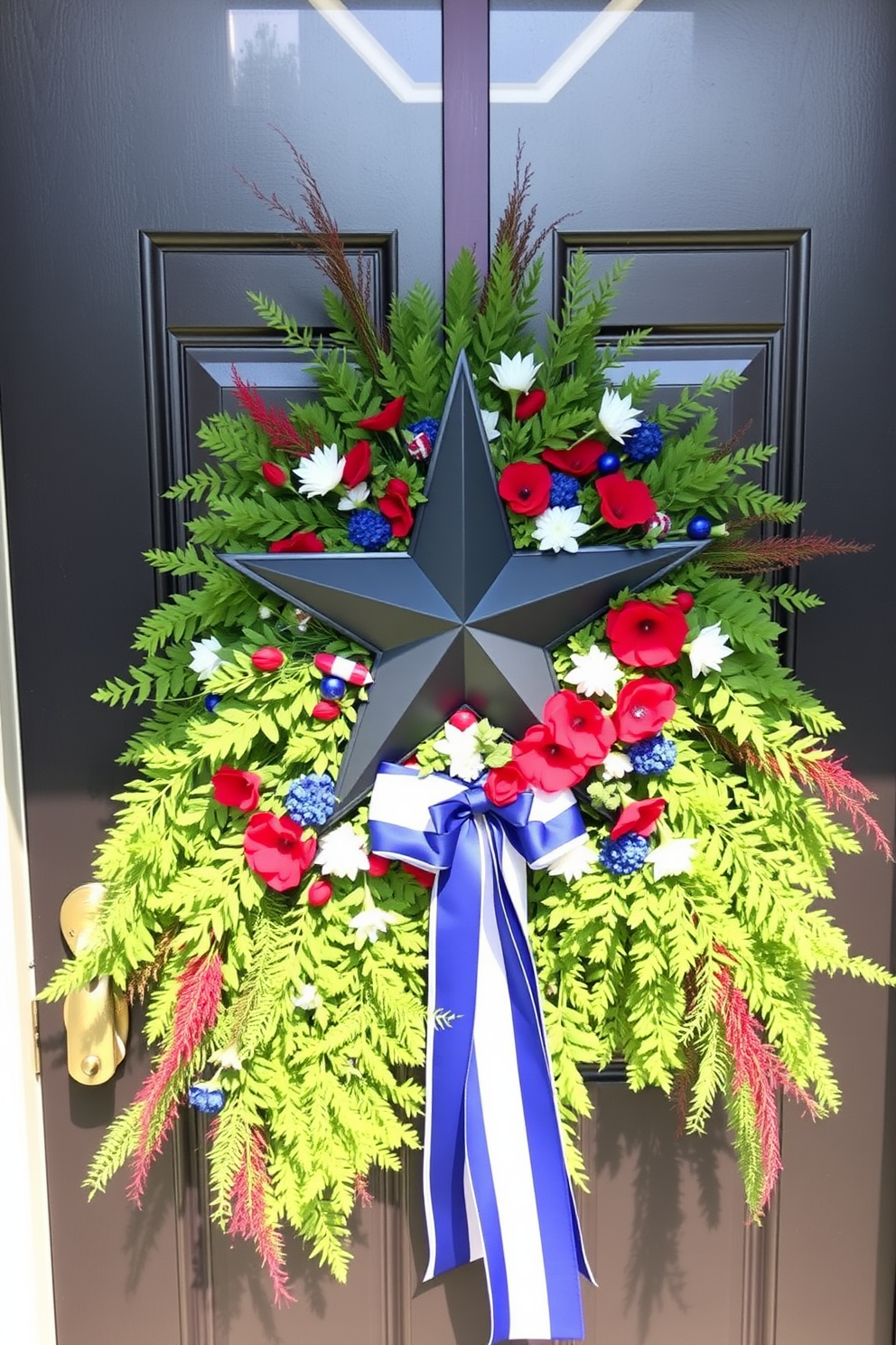 A star spangled door swag adorned with vibrant greenery welcomes guests with festive charm. The arrangement features red white and blue accents alongside fresh foliage creating a patriotic display for Independence Day.