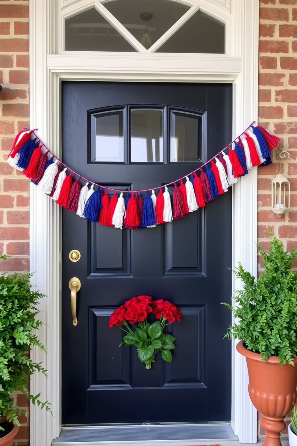 A festive front door decorated for Independence Day featuring a vibrant red white and blue tassel garland. The garland drapes elegantly across the top of the door frame creating a cheerful and patriotic entrance.