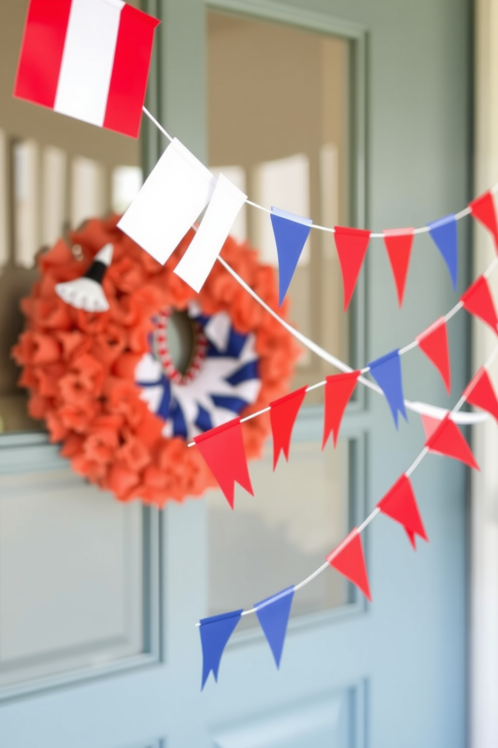 A festive front door adorned with hanging mini flags on a string in vibrant red white and blue colors. The flags are arranged in a playful pattern creating a cheerful atmosphere that welcomes guests celebrating Independence Day.