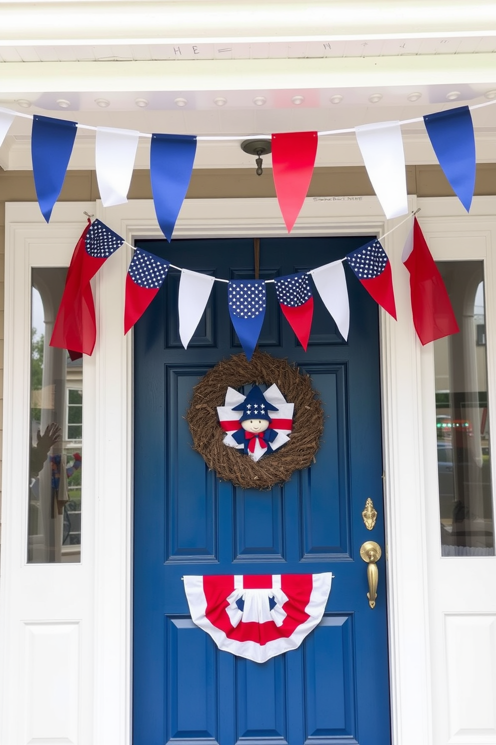 A festive front door adorned with hanging flag bunting that celebrates Independence Day. The vibrant red white and blue colors create a welcoming atmosphere for guests.