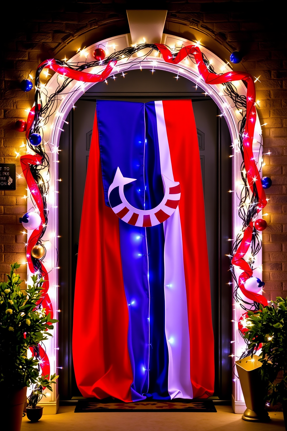 A decorative door frame adorned with twinkling lights creates a festive atmosphere for Independence Day celebrations. The vibrant red white and blue accents complement the sparkling lights enhancing the patriotic spirit.